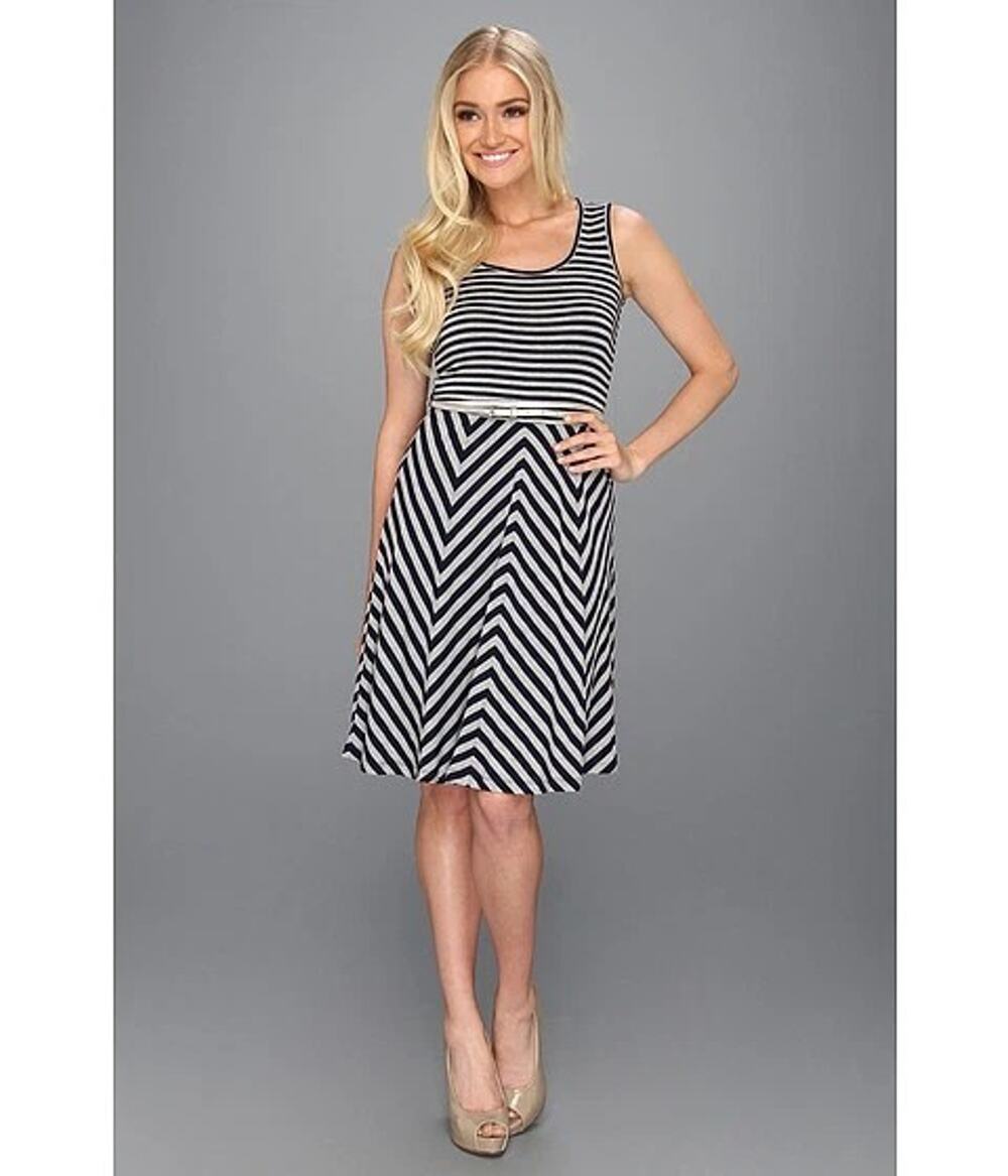 Calvin Klein CD3N16CK Black Stripe Slvless Stretch Jersey Belted Dress $109 S